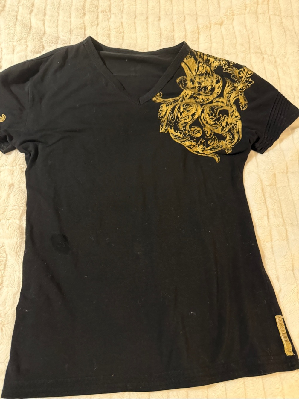 Vintage Black V-Neck Tee with Gold Baroque Shoulder Detail